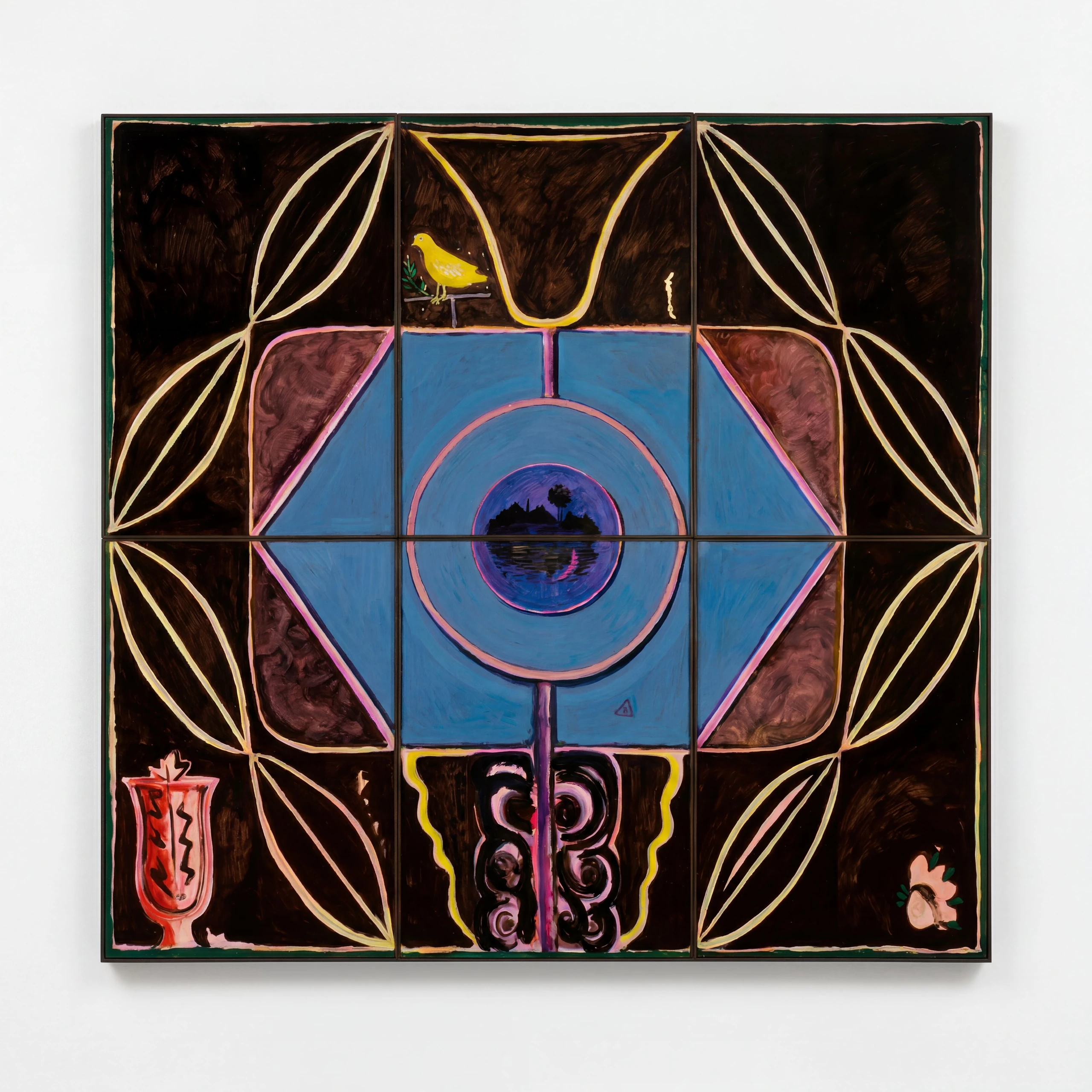 «Mundo imaginario I» (2020), políptico de Concha Ybarra en acrílico, óleo y cera sobre papel, 201 × 212 cm
